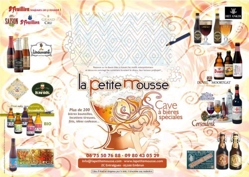 Création d'un cadeau publicitaire (sous la forme d'un set de table) pour la Petite Mousse par Sylvie Brossois graphiste dans les Hautes-Alpes (Gap, Embrun, Briançon) et en région PACA ; professionnelle de la communication visuelle.<br>