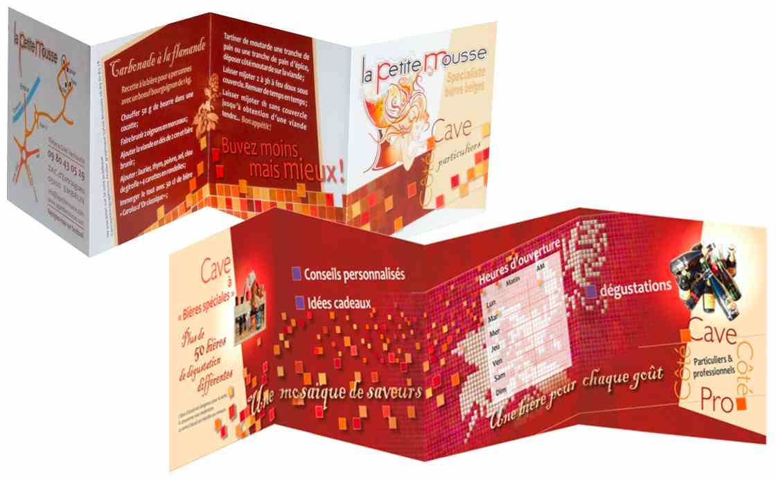 Création d'un mini dépliant faisant office de carte de visite par Sylvie Brossois graphiste dans les Hautes-Alpes (Gap, Embrun, Briançon) et en région PACA ; professionnelle de la communication visuelle.<br>