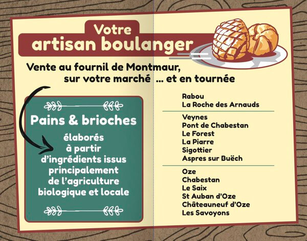 Carte de visite (verso) d'un boulanger itinérant par Sylvie Brossois graphiste (Gap, Hautes-Alpes, région PACA) ; professionnelle de la communication visuelle et du social media management