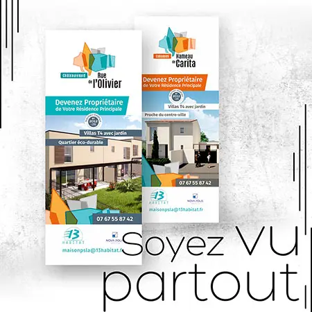 Portfolio de kakemonos, roll'up, covering, vitrophanie, panneaux publicitaires, banderoles et vêtements corporate