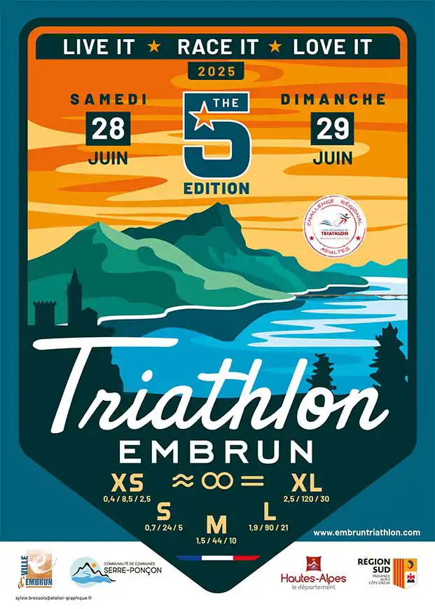 Affiche print et numérique pour la publicité d'un événement sportif de triathlon à Embrun.