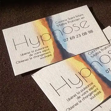 Création d'une carte de visite sur papier de création pour un hypnotiseur à Gap