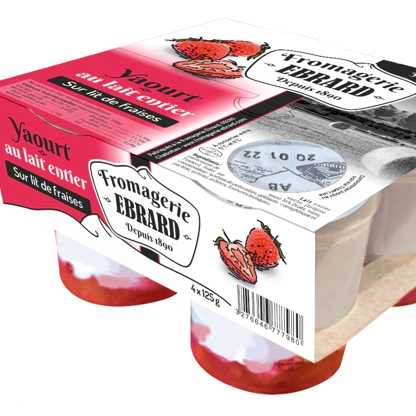 Design de packaging de yaourts à la fraise par Sylvie Brossois graphiste (Gap, Hautes-Alpes en région PACA)