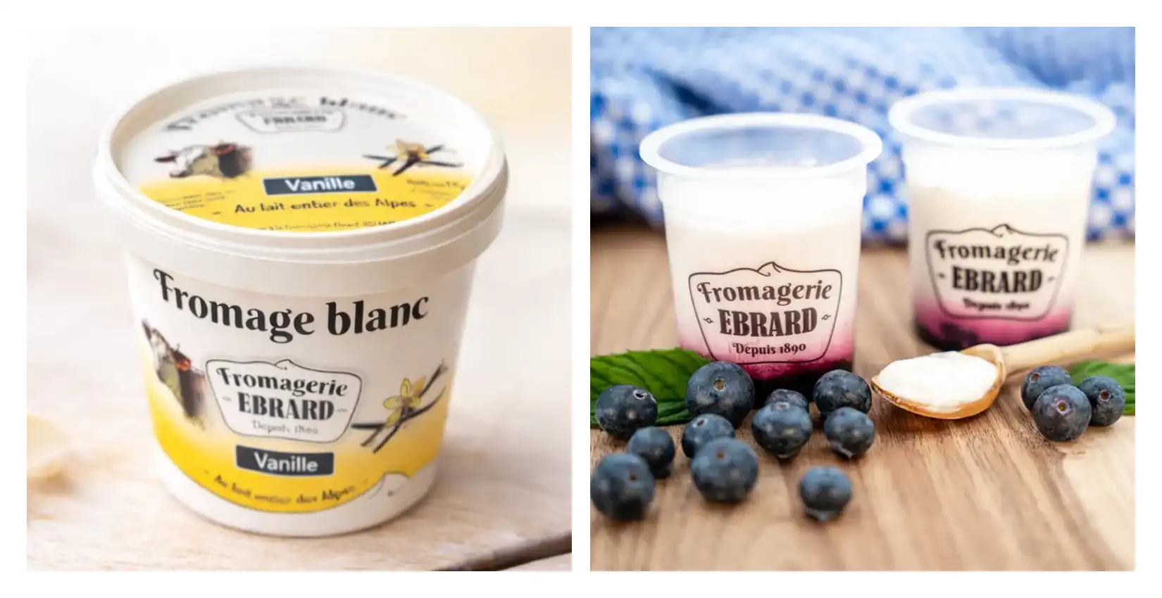 Packagings de seaux et de pots créés pour les produits laitiers de la marque Ebrard