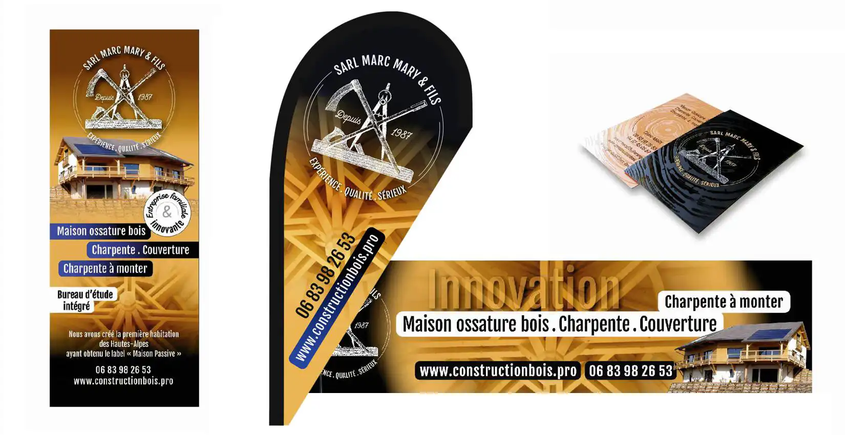 Roll-up et éléments de communication visuelle pour un constructeur bois