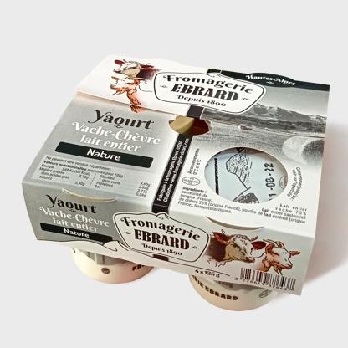 Création des nouveaux emballages des gammes de yaourts aux fruits et nature de la Fromagerie Ebrard, cartonnettes 4 pots. Sylvie Brossois graphiste.