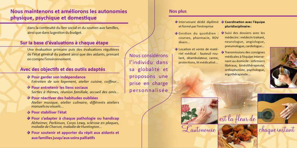 Dépliant ouvert d’une entreprise d’aide à la personne à Gap par Sylvie Brossois graphiste (Gap, Hautes-Alpes, région PACA) ; professionnelle de la communication visuelle et du social media management