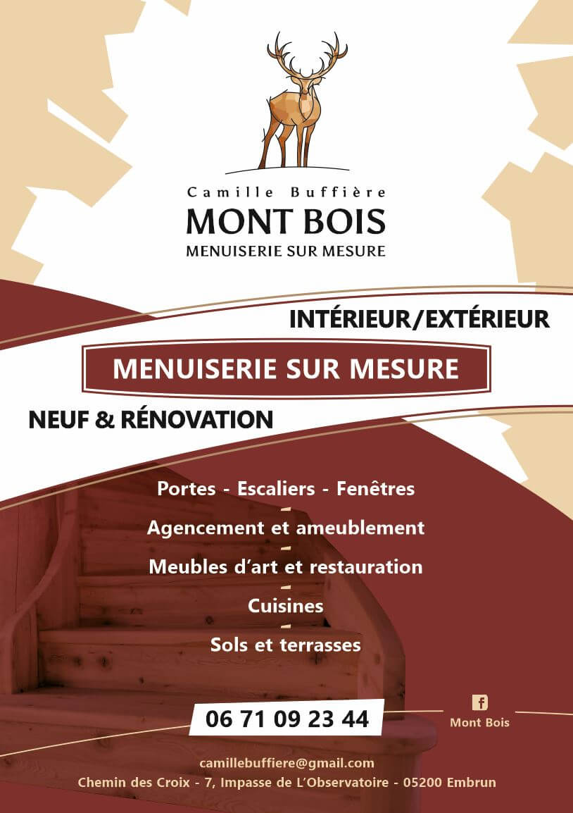 Affichette rigide pour un menuisier-ébéniste par Sylvie Brossois graphiste (Veynes, Hautes-Alpes, PACA). Professionnelle de l'identité visuelle et du social media management.