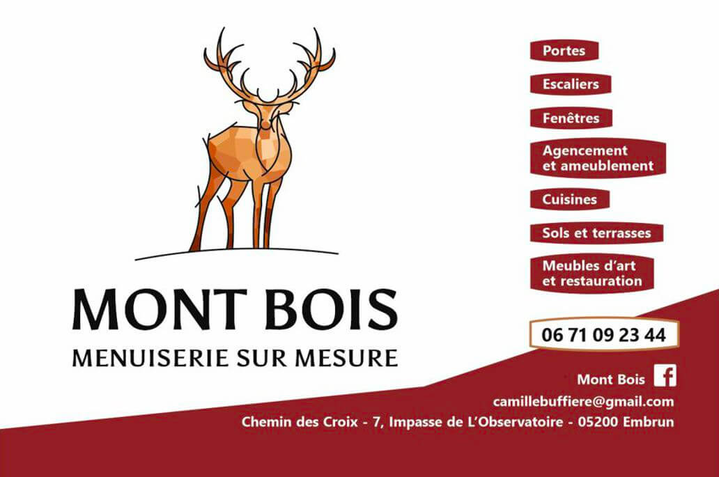 Bâche de chantier pour un menuisier-ébéniste par Sylvie Brossois graphiste (Veynes, Hautes-Alpes, PACA). Professionnelle de l'identité visuelle et du social media management.
