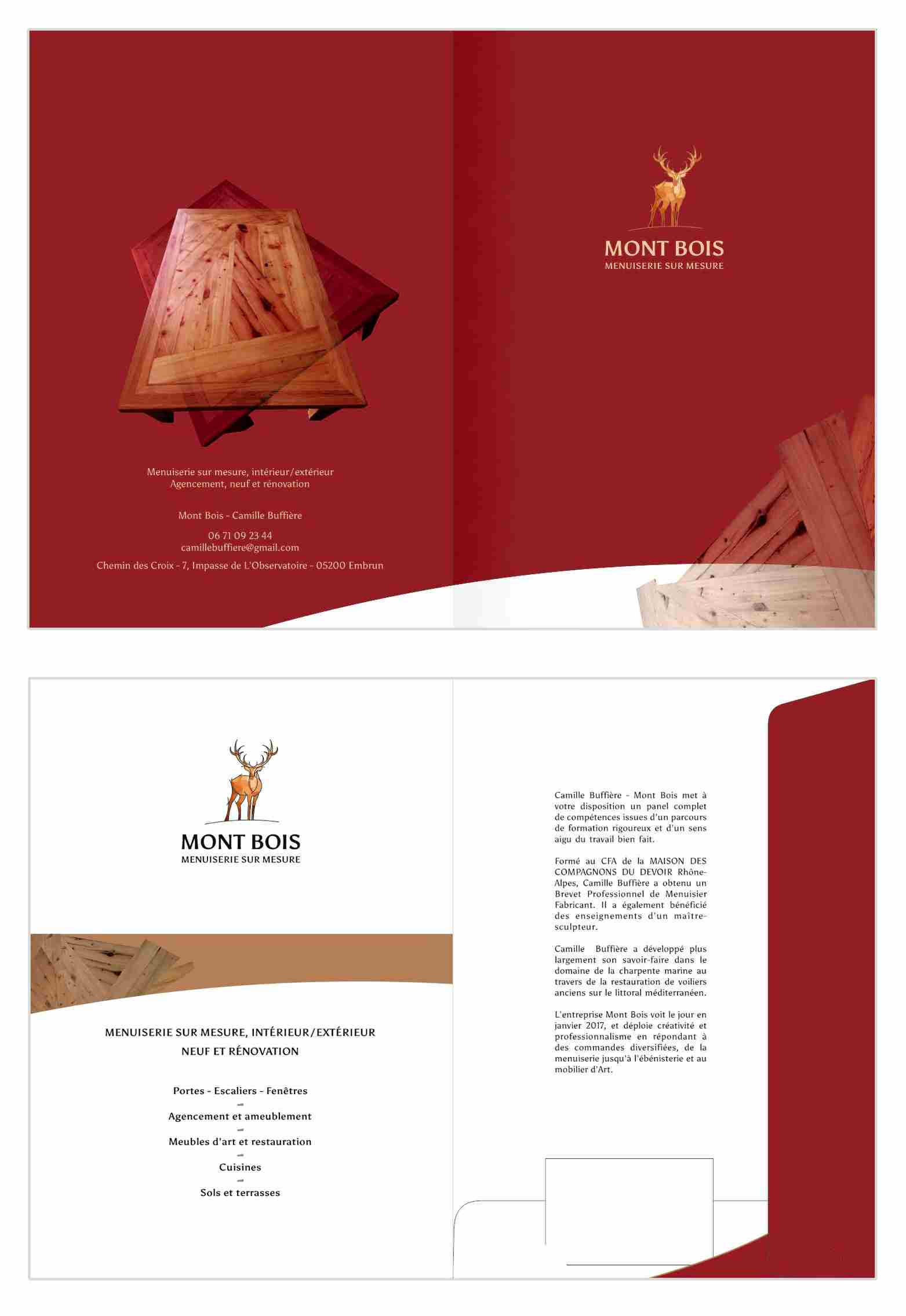 Chemise de présentation pour un menuisier-ébéniste par Sylvie Brossois graphiste (Veynes, Hautes-Alpes, PACA). Professionnelle de l'identité visuelle et du social media management.