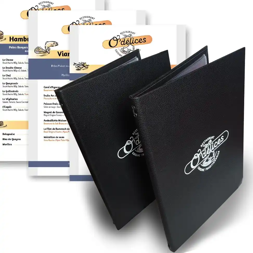Création du logo et des menus d'un restaurant avec porte-menus en marquage personnalisé.