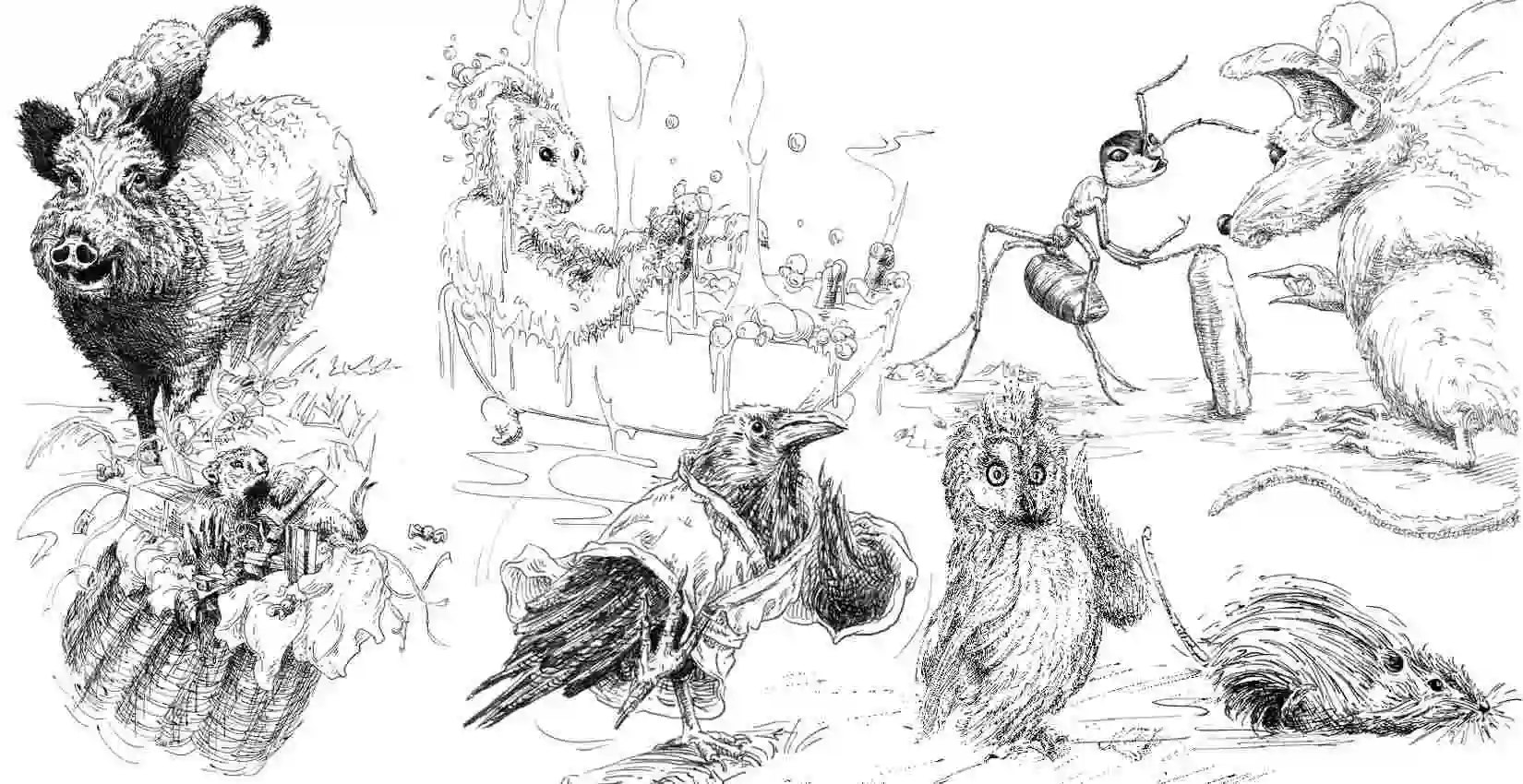 Dessins de personnages animaux pour un recueil de comptines