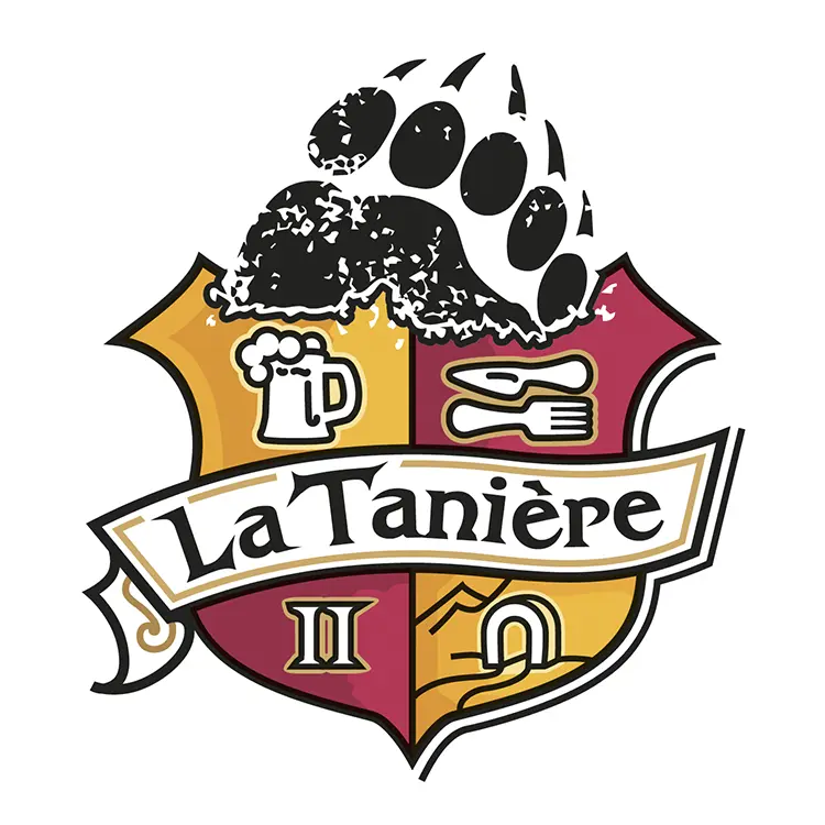 Logo emblème original en forme de blason, couronné d'une empreinte de patte d'ours, pour un bar restaurant en Occitanie