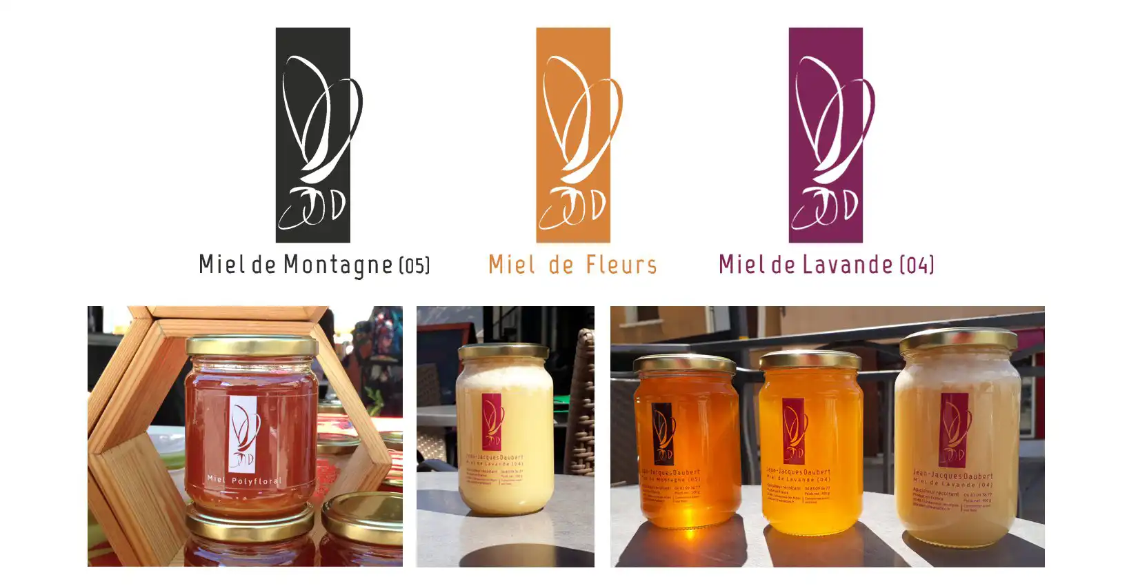 Logo et étiquettes des pots de miel d'un producteur apiculteur