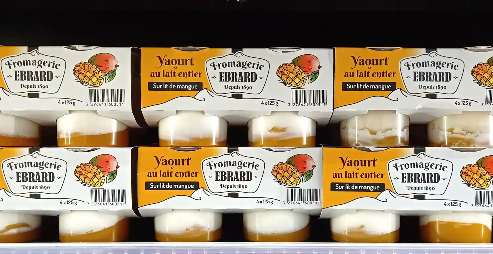 Création de packaging, cartonnettes yaourts au lait entier sur lit de mangue, Ebrard
