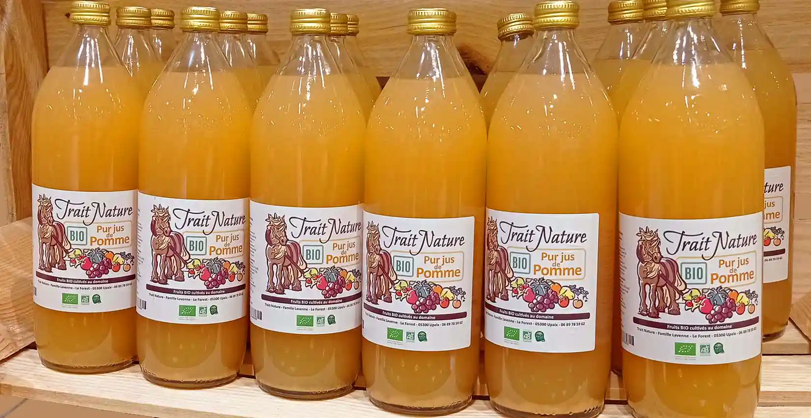 Création d'étiquettes pour bouteilles de jus de pomme bio de Trait Nature