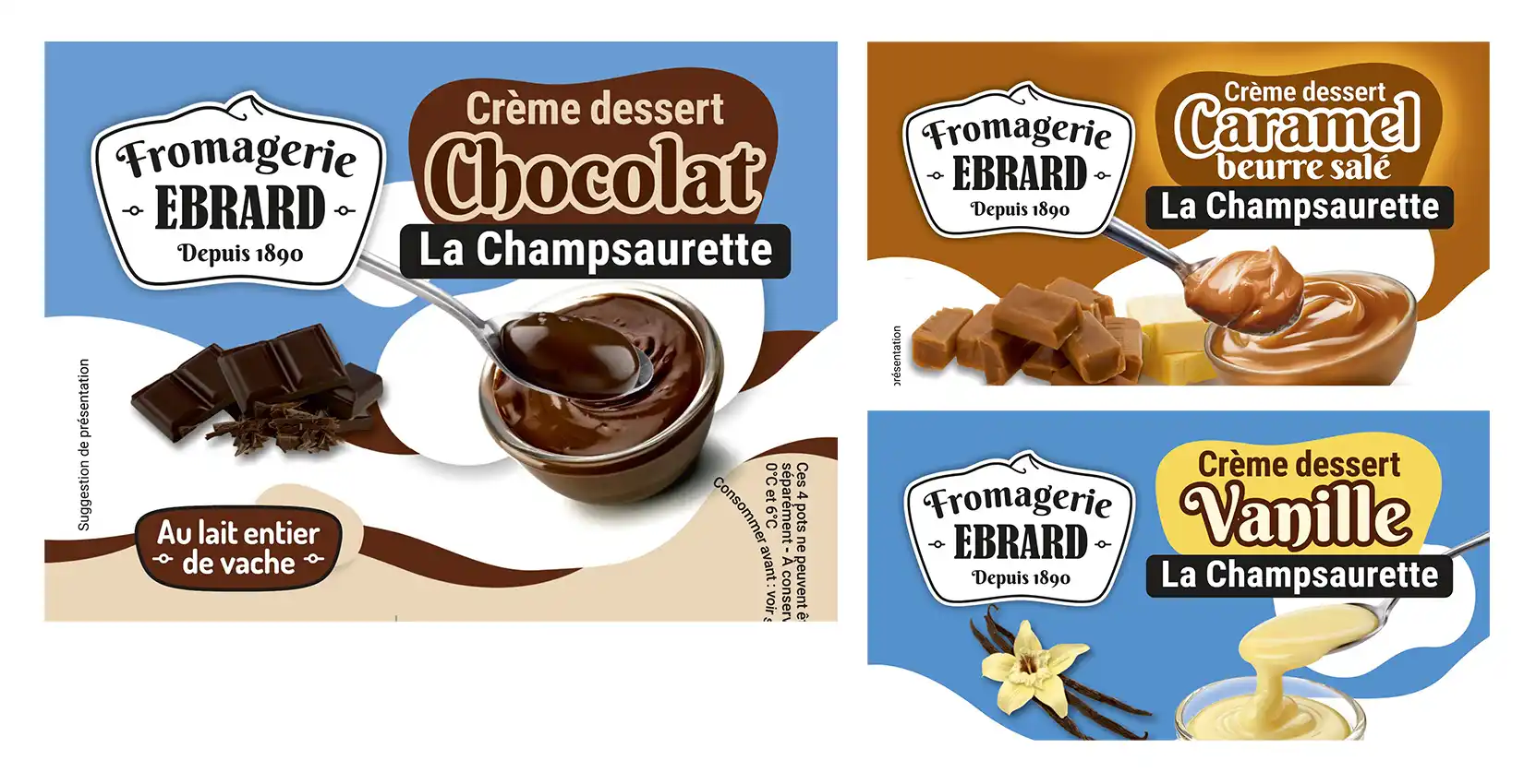 Packagings de la totalité des produits de la marque Ebrard. Ici : une gamme de crèmes dessert.
