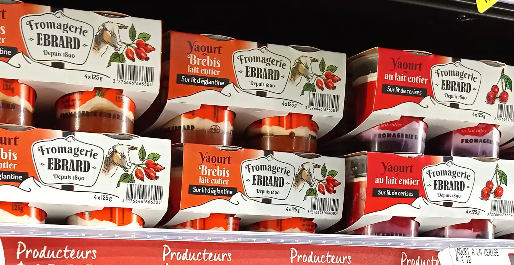Packaging carton des packs de yaourts au lait entier sur lit de fruits, Fromagerie Ebrard