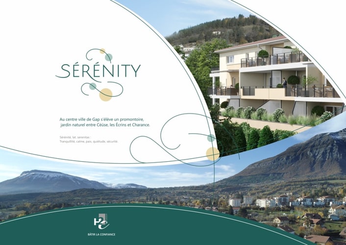 Couverture brochure Sérénity Création d'une brochure d’un programme immobilier sur Gap par Sylvie Brossois graphiste (Hautes-Alpes Gap, région PACA) ; professionnelle de la communication visuelle et du social media management