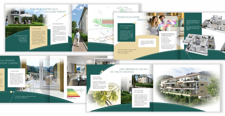 Pages de la brochure Sérénity Création d'une brochure, verso, pour un programme immobilier à Gap par Sylvie Brossois graphiste (Gap, Hautes-Alpes, région PACA) ; professionnelle de la communication visuelle et du social media management