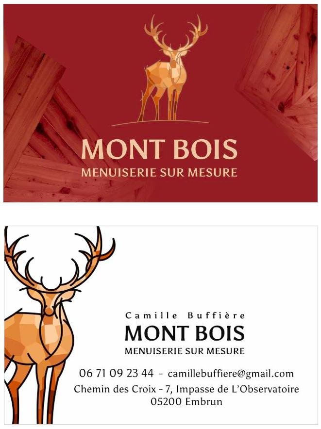 Carte de visite d'un menuisier-ébéniste par Sylvie Brossois graphiste (Veynes, Hautes-Alpes, PACA). Professionnelle de l'identité visuelle et du social media management.