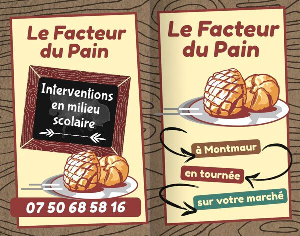 Carte de visite recto Carte de visite (recto) d'un boulanger itinérant par Sylvie Brossois graphiste (Gap, Hautes-Alpes, région PACA) ; professionnelle de la communication visuelle et du social media management