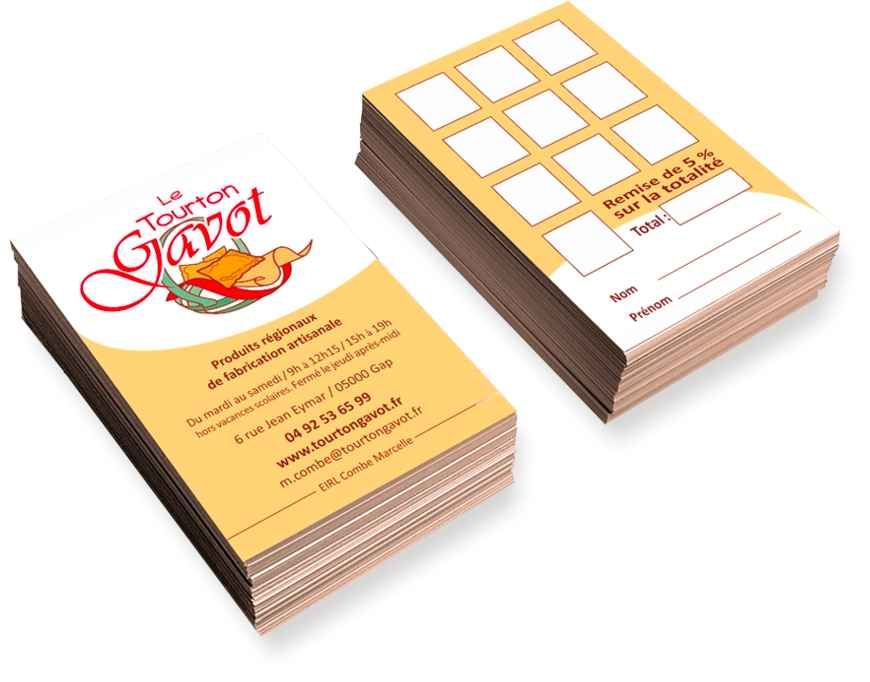 Création d'une carte de visite - de carte de fidélité dans le cadre de la mise en place d'une charte d'identité visuelle pour un commerce alimentaire à Gap par Sylvie Brossois graphiste (Gap, Hautes-Alpes, région PACA) ; professionnelle de la communication visuelle et du social media management