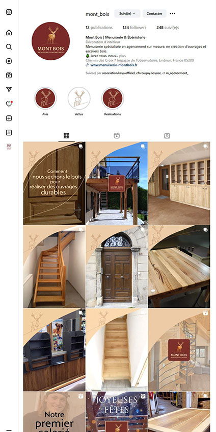 Copie écran du compte instagram d'un menuisier-ébéniste par Sylvie Brossois graphiste (Veynes, Hautes-Alpes, PACA). Professionnelle de l'identité visuelle et du social media management.