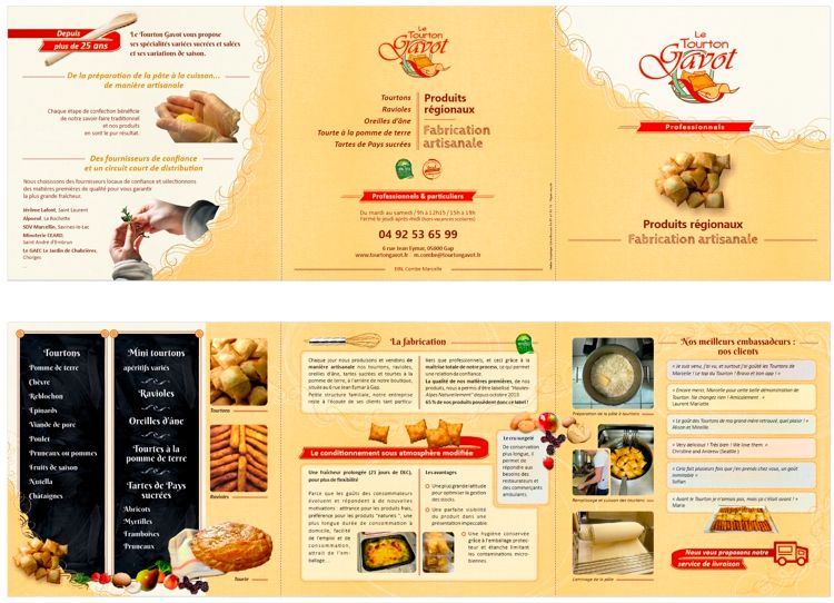 Création d'un dépliant trois volets dans le cadre de la mise en place d'une charte d'identité visuelle d’un commerce alimentaire à Gap par Sylvie Brossois graphiste (Gap, Hautes-Alpes, région PACA) ; professionnelle de la communication visuelle et du social media management