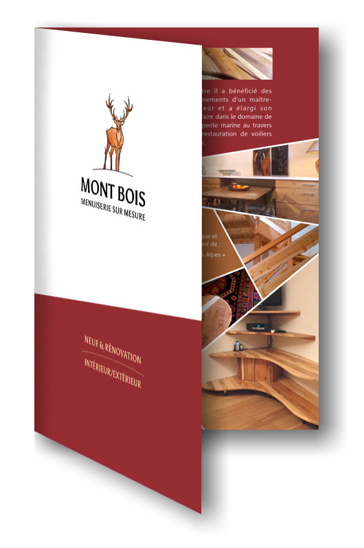 Dépliant deux volets Dépliant deux volets d'un menuisier-ébéniste par Sylvie Brossois graphiste (Veynes, Hautes-Alpes, PACA). Professionnelle de l'identité visuelle et du social media management.
