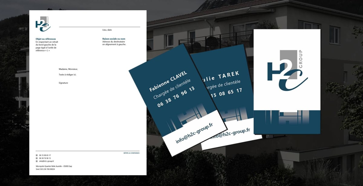 Création de l'identité visuelle d'une holding à Gap : papier en-tête, carte de visite, logo par Sylvie Brossois graphiste (Gap, Hautes-Alpes, région PACA) ; professionnelle de la communication visuelle et du social media management