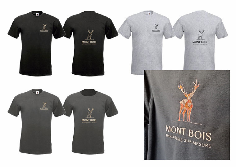 Vêtements siglés pour un menuisier-ébéniste par Sylvie Brossois graphiste (Veynes, Hautes-Alpes, PACA). Professionnelle de l'identité visuelle et du social media management.